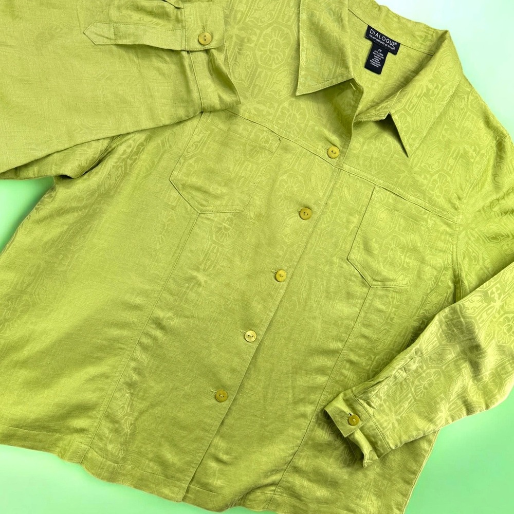 Dialogue Jacket Women 2X Green Linen Button Shacket Brocade Pattern Boho Blend